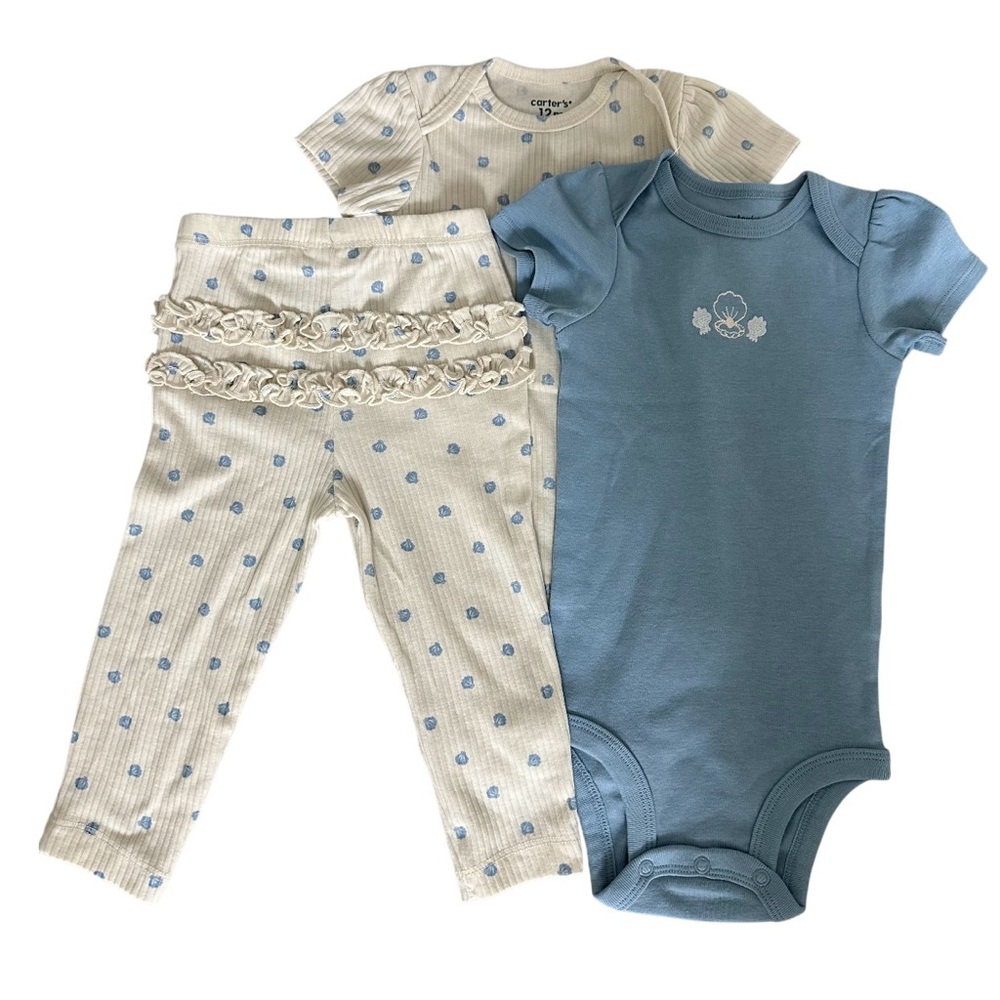 🐚 New Carter's 3 Piece Set Seashell Bodysuit Pants Size 12 Months